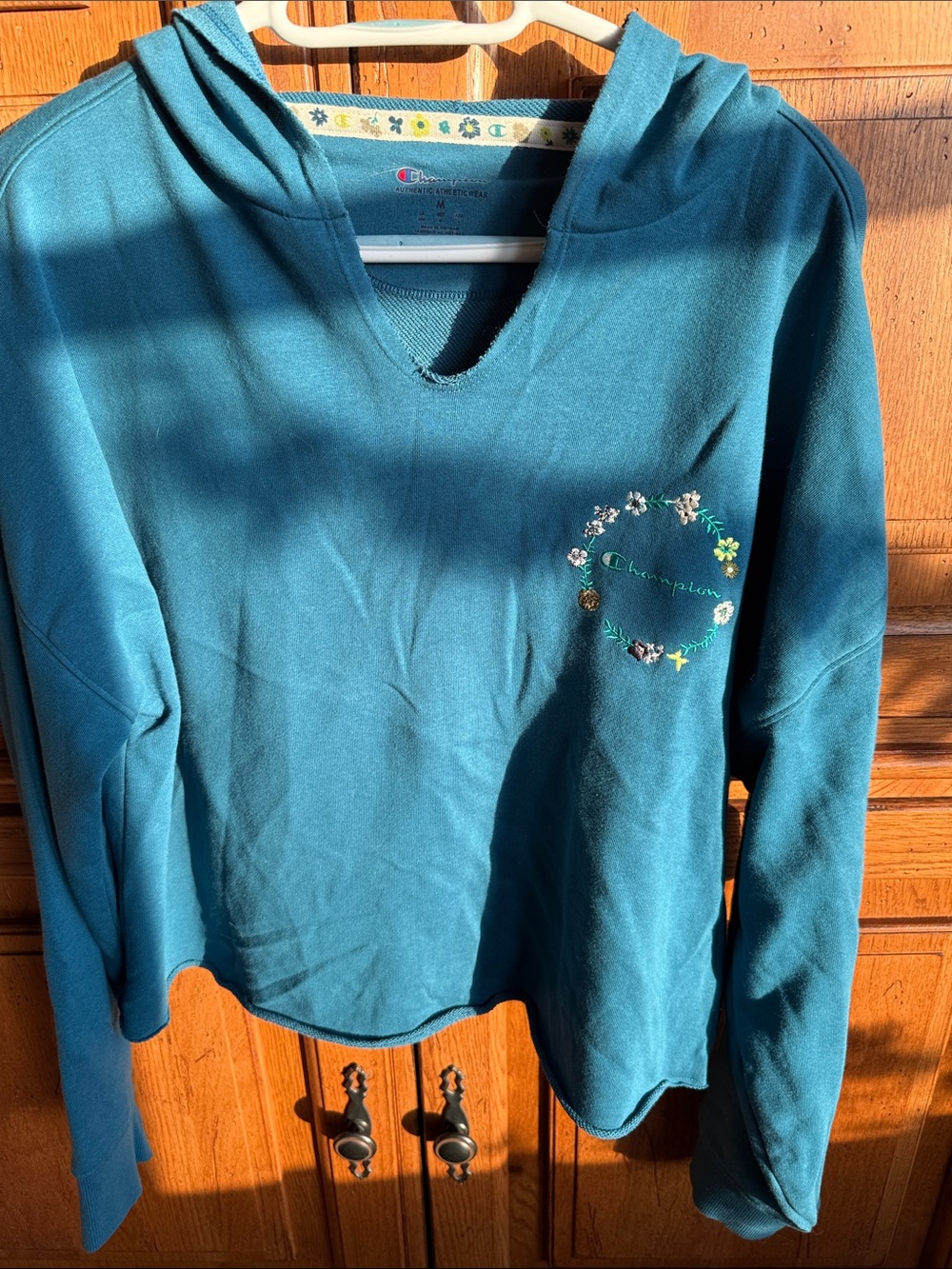 Champion Teal Crewneck Hoodie with Floral Embroidery